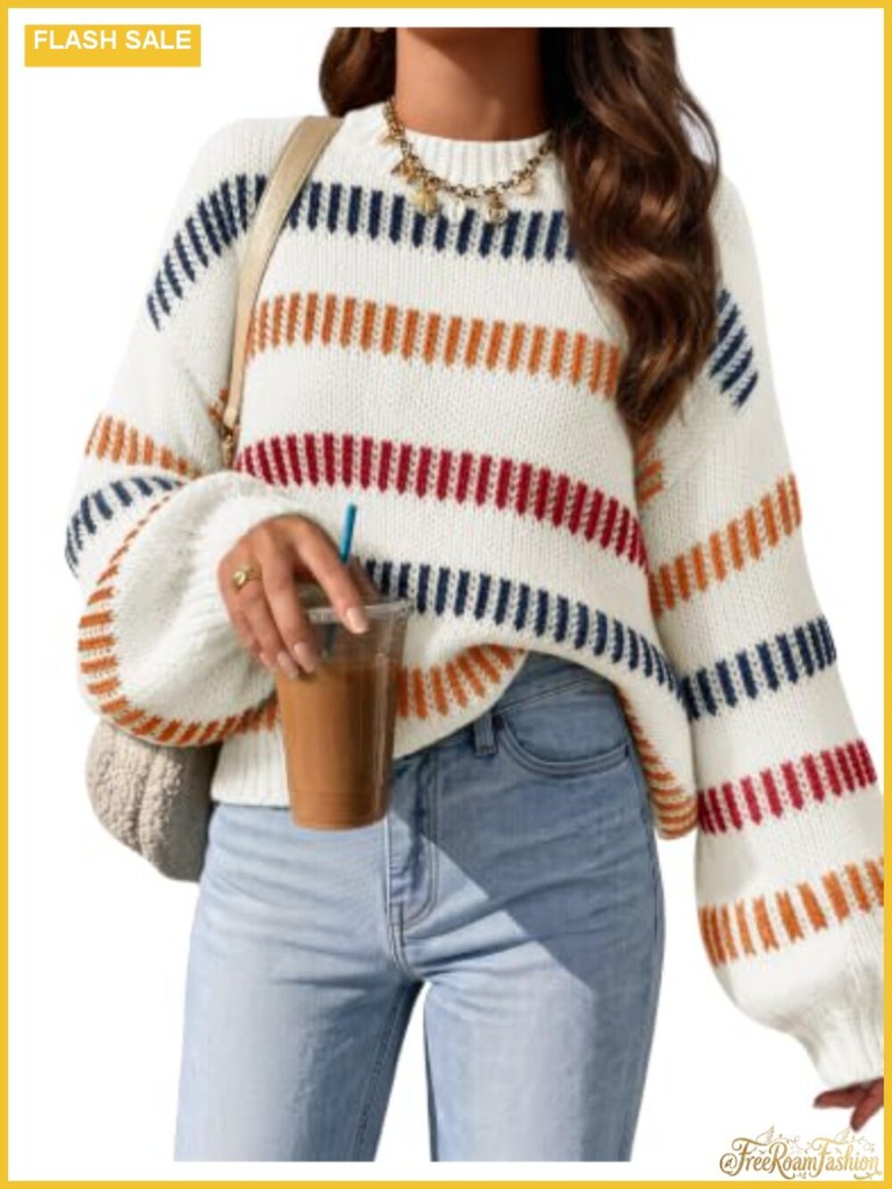 Striped Oversize Knit Pullover Sweater Crew Neck Lantern Sleeve
